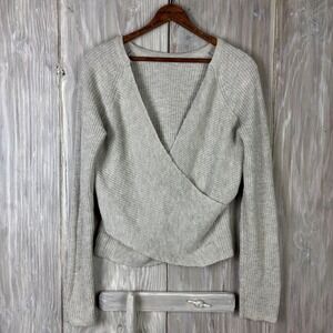 Aerie Gray Wrap Front Knit Sweater Long Sleeve Cozy Size S Cotton Blend Y2K